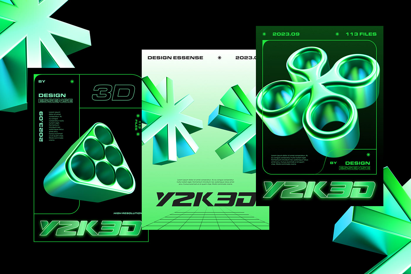 113款千禧年Y2K绿色镀铬金属3D几何抽象星芒PNG免扣设计元素套装 Y2K 3D Shapes Collection , 第5张