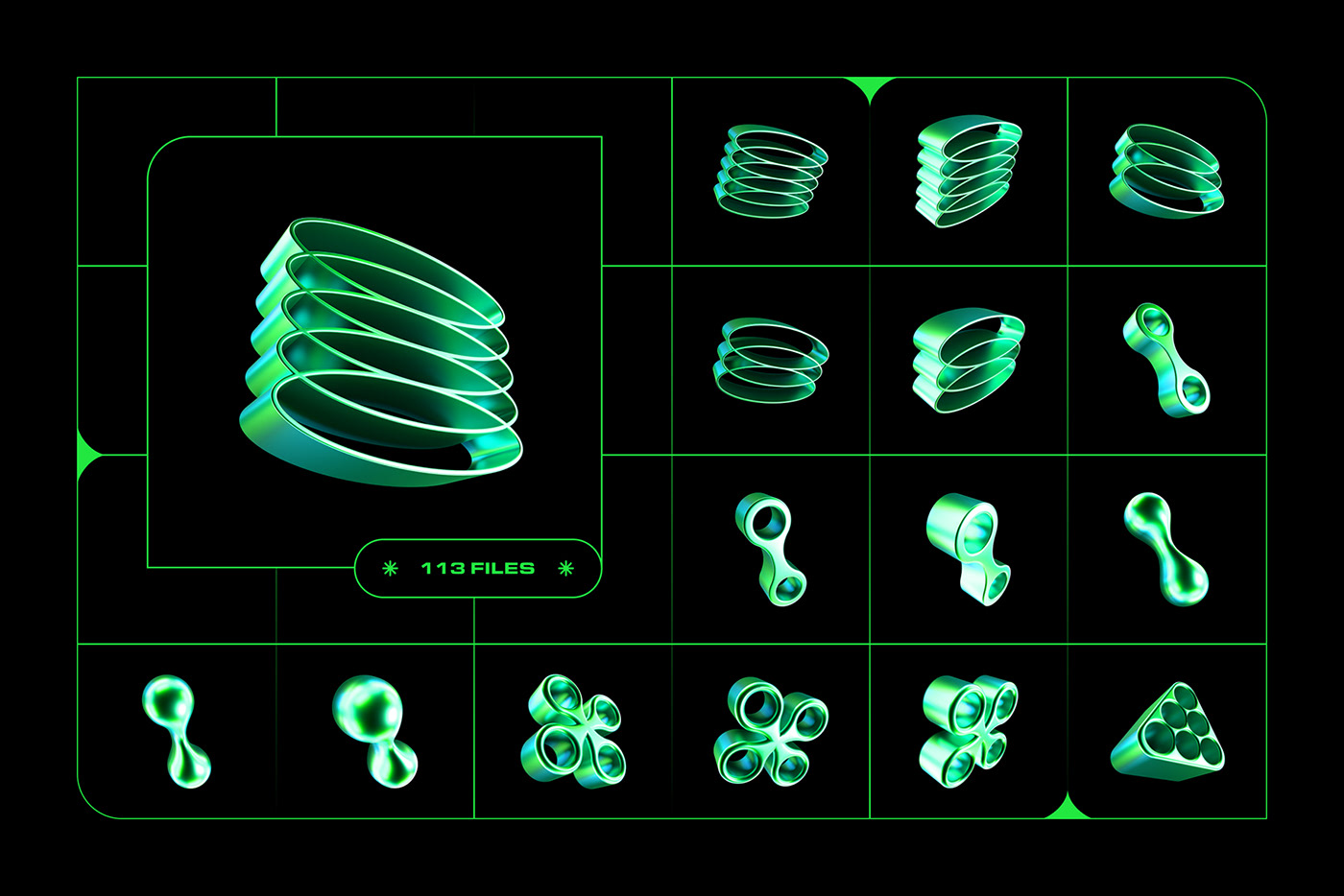 113款千禧年Y2K绿色镀铬金属3D几何抽象星芒PNG免扣设计元素套装 Y2K 3D Shapes Collection , 第7张