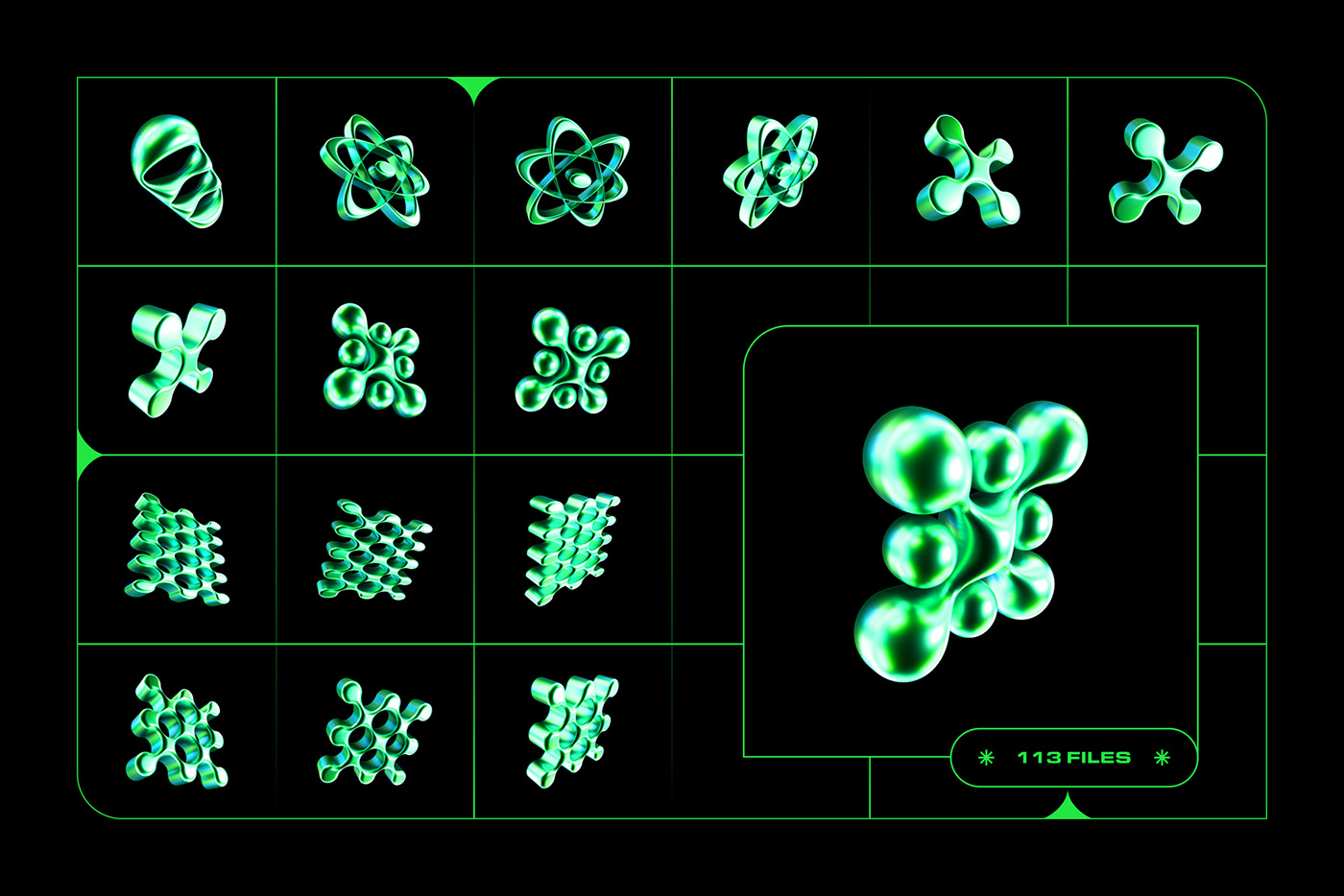 113款千禧年Y2K绿色镀铬金属3D几何抽象星芒PNG免扣设计元素套装 Y2K 3D Shapes Collection , 第6张