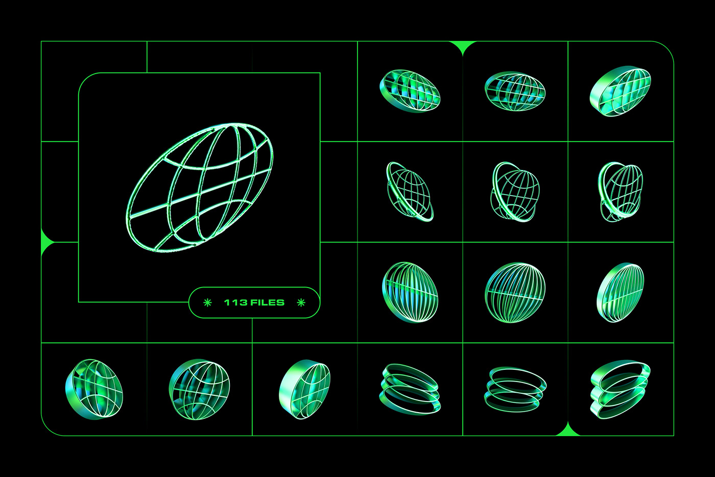 113款千禧年Y2K绿色镀铬金属3D几何抽象星芒PNG免扣设计元素套装 Y2K 3D Shapes Collection , 第10张