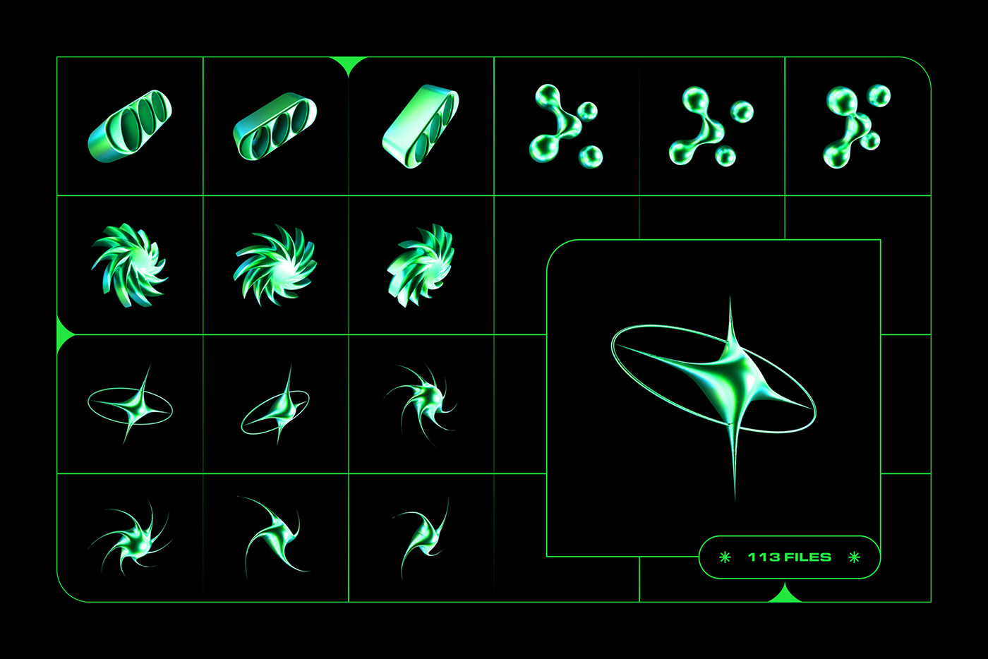 113款千禧年Y2K绿色镀铬金属3D几何抽象星芒PNG免扣设计元素套装 Y2K 3D Shapes Collection 图片素材 第12张