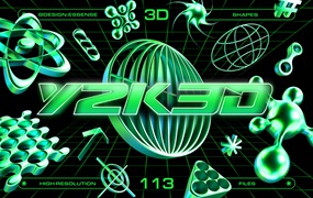 113款千禧年Y2K绿色镀铬金属3D几何抽象星芒PNG免扣设计元素套装 Y2K 3D Shapes Collection