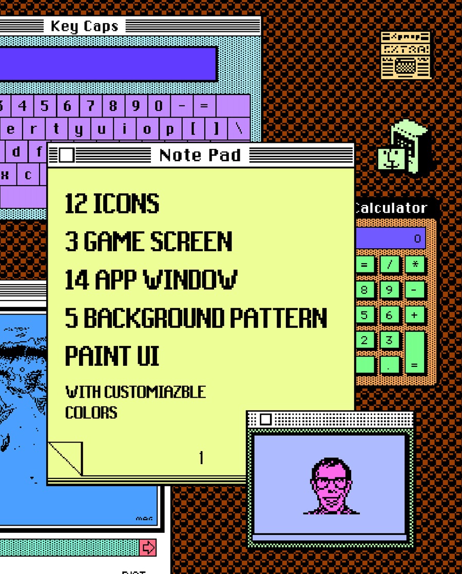 80年代老式计算机用户界面UI图标像素风格设计元素PSD模板 Macintosh UI Elements , 第1张