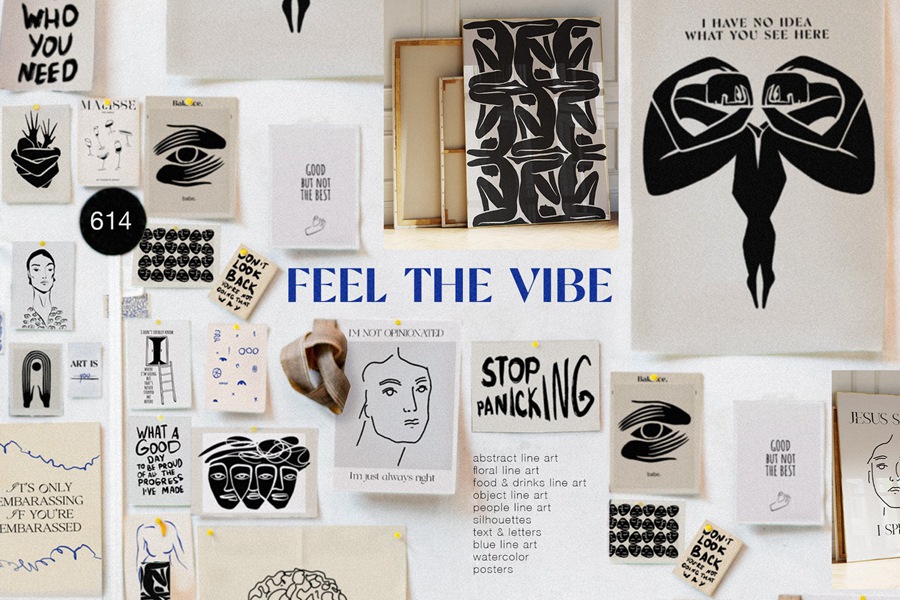Feel the vibe. Posters, line art 高质量时尚抽象艺术、线条、形状、人物、花卉插画产品包装、服装纺织室内装裱艺术海报设计元素PNG , 第1张