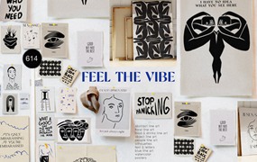 Feel the vibe. Posters, line art 高质量时尚抽象艺术、线条、形状、人物、花卉插画产品包装、服装纺织室内装裱艺术海报设计元素PNG