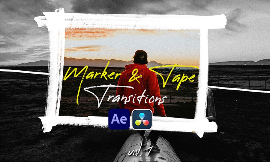达芬奇 + AE 15种涂鸦标记时尚视频 转场过渡模板+音效 Marker & Tape Transitions Vol. 1 , 第1张