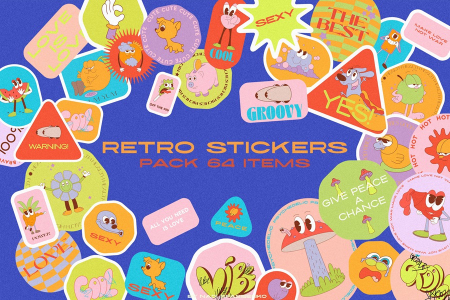 80年代迪士尼卡通复古潮流拼贴艺术贴纸PNG/AI矢量、杂志、产品包装、海报设计图形 Retro Vibe Stickers , 第1张