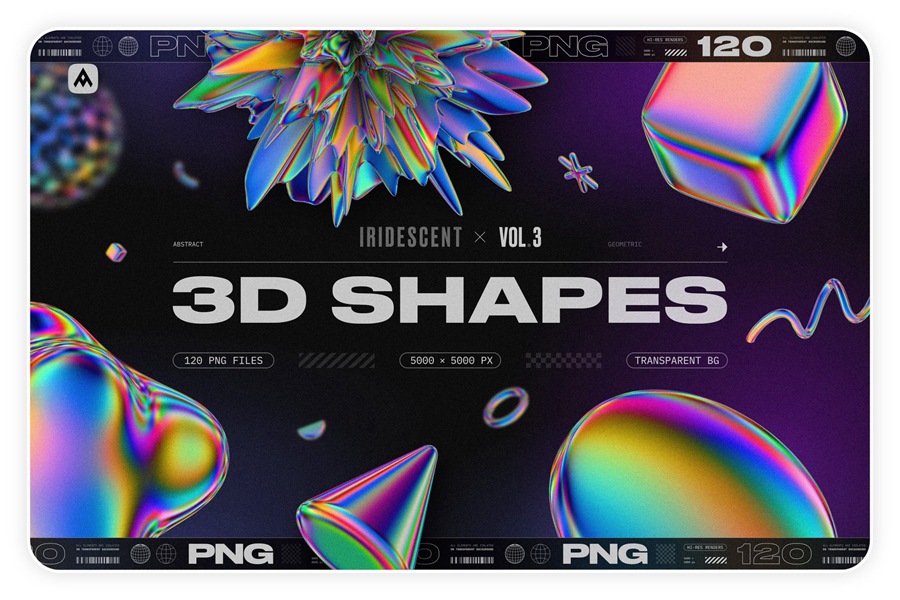 120个高分辨率彩虹渐变色几何 3D形状渲染 Iridescent geometric 3D shapes Vol.3 , 第1张