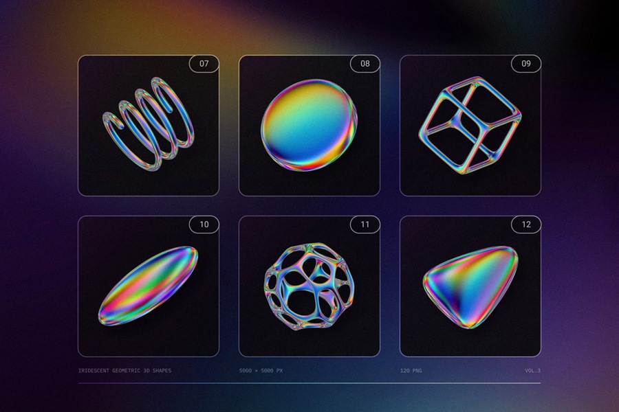 120个高分辨率彩虹渐变色几何 3D形状渲染 Iridescent geometric 3D shapes Vol.3 , 第10张