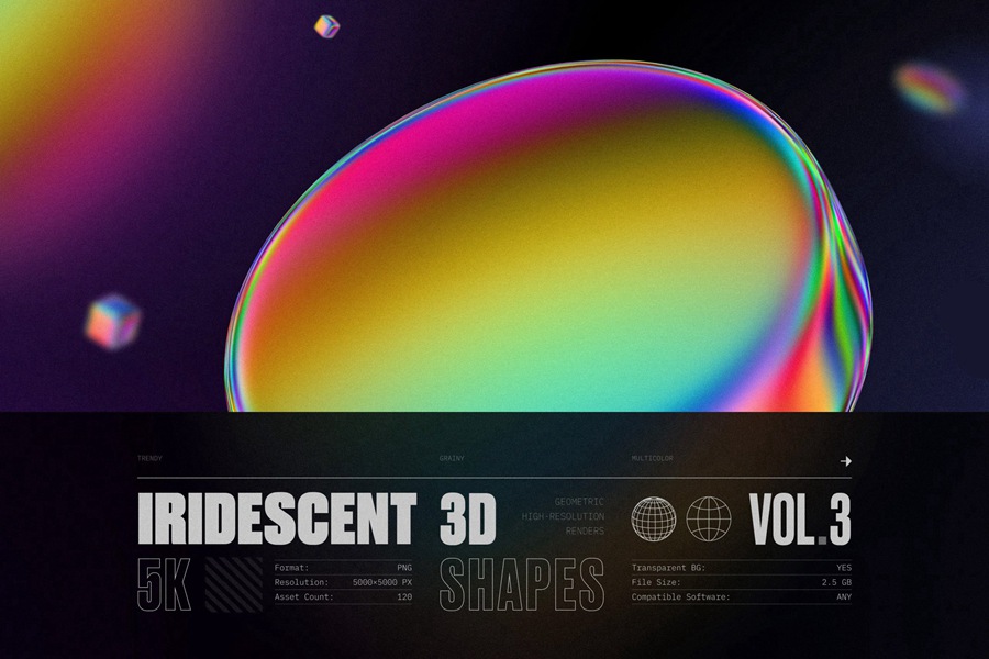 120个高分辨率彩虹渐变色几何 3D形状渲染 Iridescent geometric 3D shapes Vol.3 , 第13张