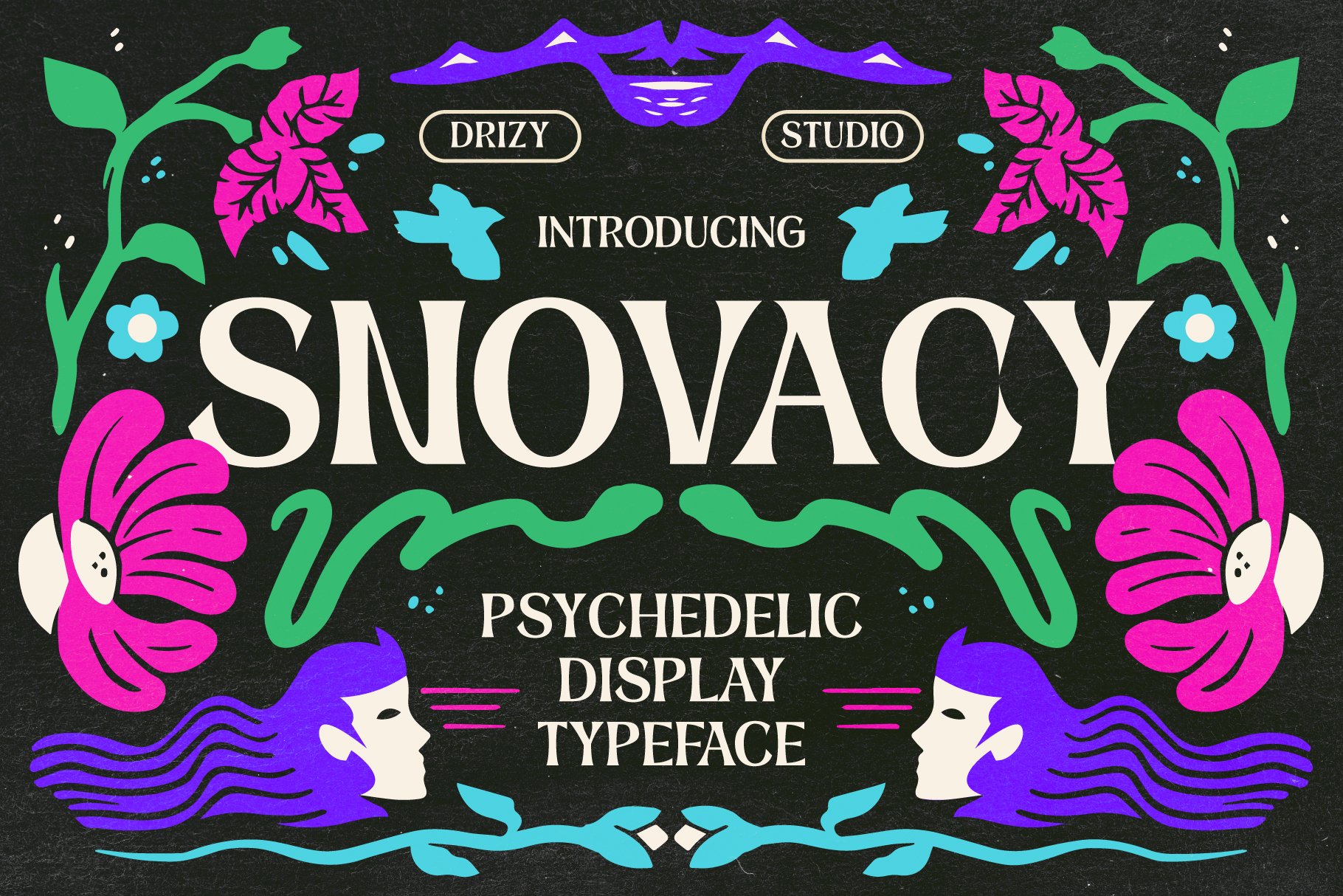 一款时髦美学花卉迷幻显示无衬线字体 Snovacy – Psychedelic Display Font , 第1张
