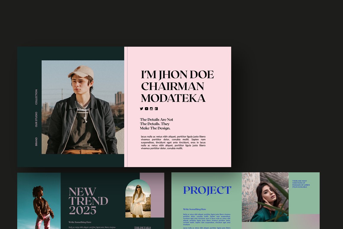 30页现代时尚女性化摄影品牌设计作品集项目策划演示文稿PPT模板 Modateka – Brand Kit Powerpoint , 第7张