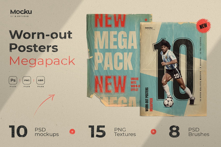 Megapack 复古破旧划痕撕纸褶皱海报PSD样机模板+笔刷 样机素材 第11张