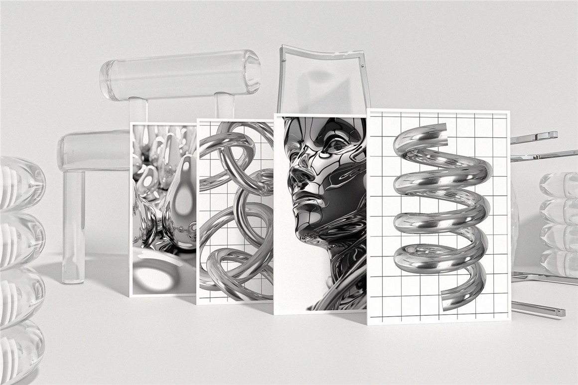 200多款未来超现实主义3D立体金属镀铬Y2K复古风抽象艺术图形PNG免抠图设计素材 Chrome 3D Design Collection , 第5张