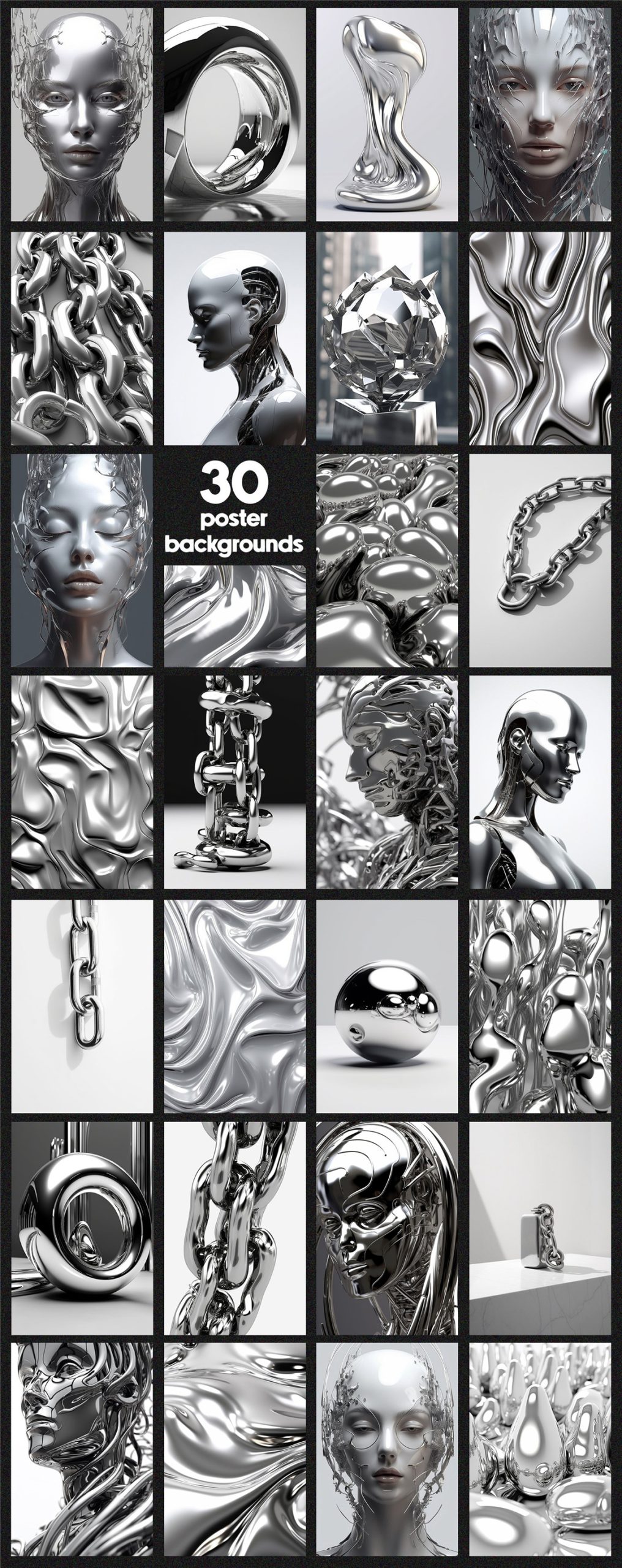 200多款未来超现实主义3D立体金属镀铬Y2K复古风抽象艺术图形PNG免抠图设计素材 Chrome 3D Design Collection , 第6张