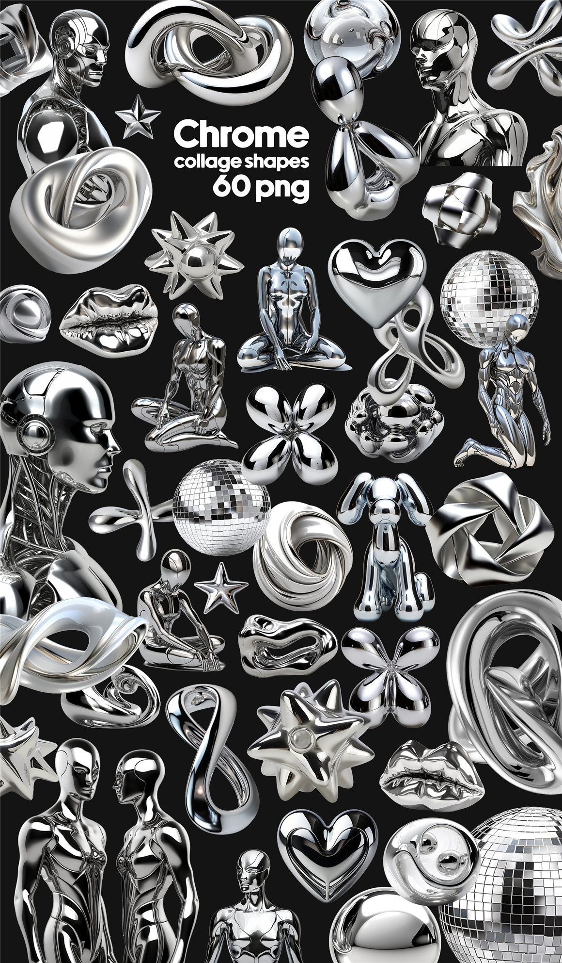 200多款未来超现实主义3D立体金属镀铬Y2K复古风抽象艺术图形PNG免抠图设计素材 Chrome 3D Design Collection , 第7张