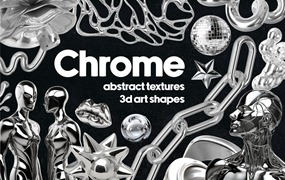 200多款未来超现实主义3D立体金属镀铬Y2K复古风抽象艺术图形PNG免抠图设计素材 Chrome 3D Design Collection