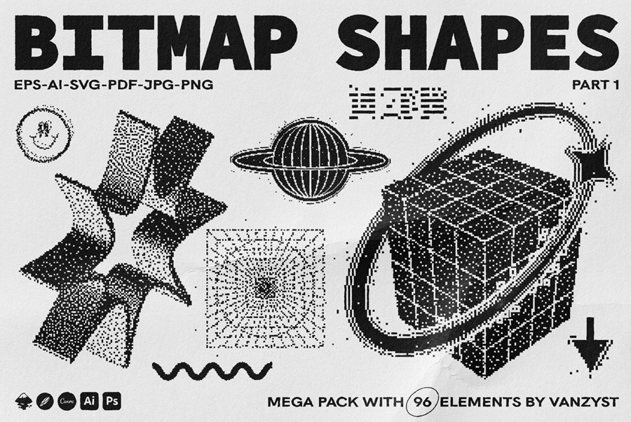 96种现代抽象几何位图矢量形状图形元素 Bitmap Vector Shapes. Part 1 , 第1张