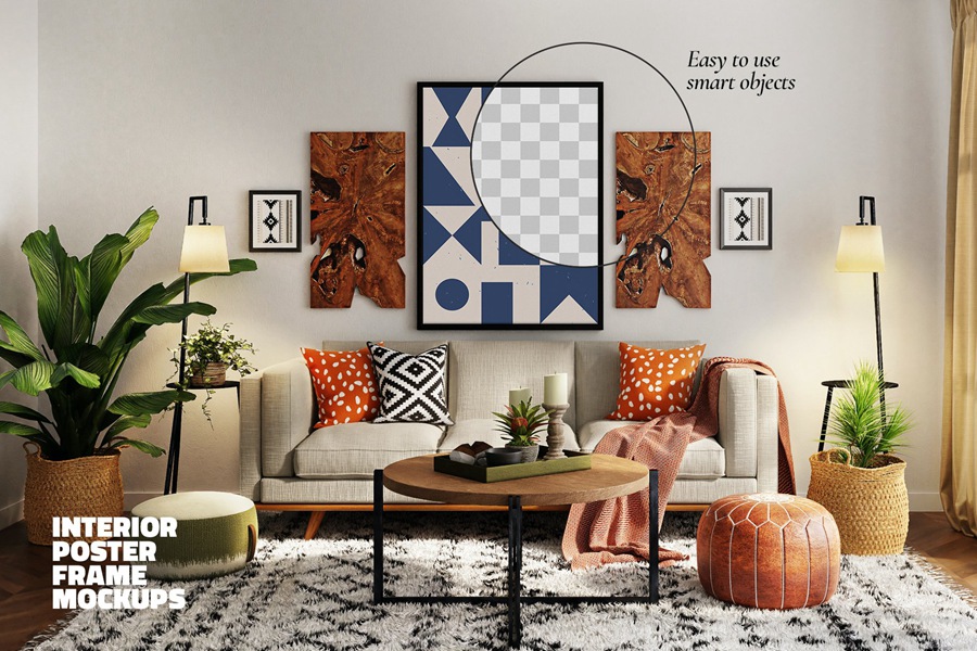 4个现代时尚室内设计软装海报装裱展示场景样机艺术印刷品Photoshop模板 Poster Mockup Set Modern Interior #1 , 第4张
