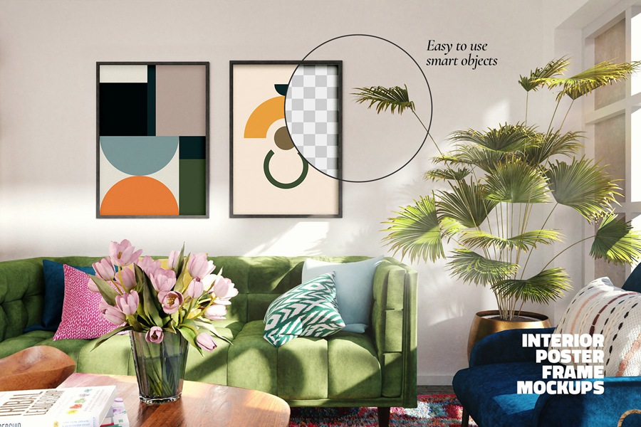4个现代时尚室内设计软装海报装裱展示场景样机艺术印刷品Photoshop模板 Poster Mockup Set Modern Interior #1 , 第3张