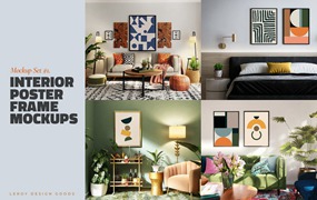 4个现代时尚室内设计软装海报装裱展示场景样机艺术印刷品Photoshop模板 Poster Mockup Set Modern Interior #1