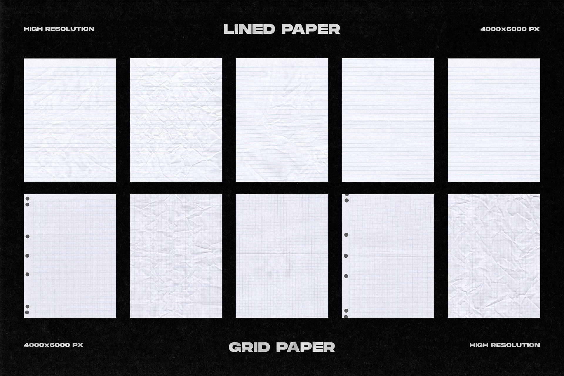 Divided 30张高质量粗糙时尚复古海报设计黑色白色线条网格褶皱纸张纹理 Rough Paper Textures (30 Assets) 图片素材 第4张