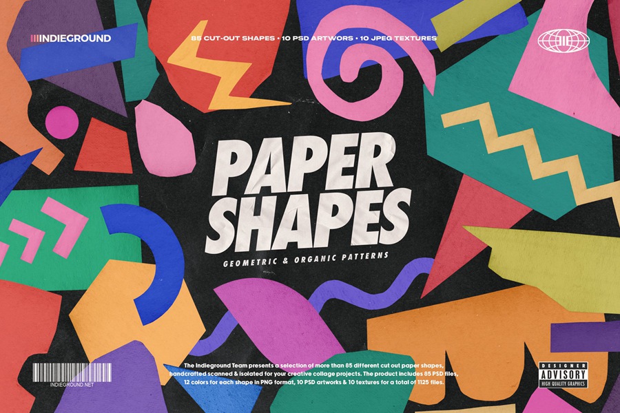 Paper Shapes 85种马蒂斯简约和孟菲斯艺术拼贴海报设计时髦图案剪纸形状和背景纹理PNG/PSD , 第1张
