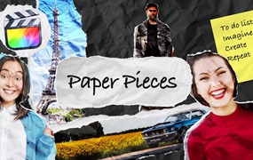 FCPX插件：50种创意趣味纸张标题贴纸撕纸转场拼贴定格动画效果 Paper Pieces