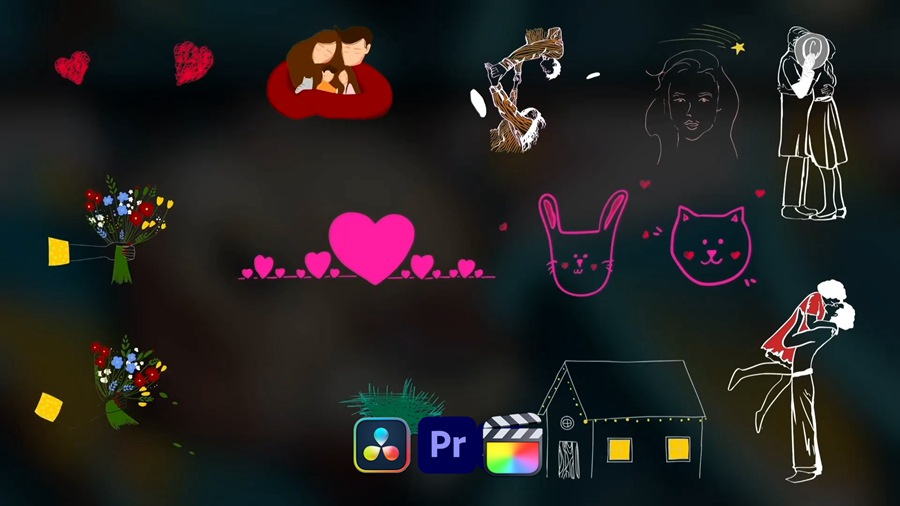 达芬奇/PR/FCPX 3合一模板插件 Love Lyric Animations 02 婚礼爱心活力涂鸦手绘元素动画 + 赠送同款BGM , 第1张