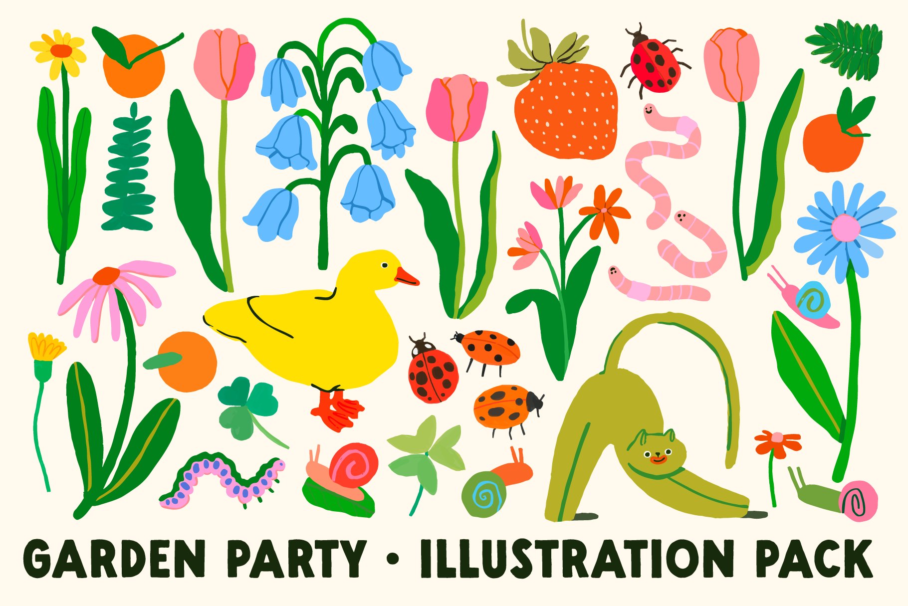 Garden Party Illustrations! 时尚花园派对欢乐明亮卡通昆虫花卉矢量手绘插画合集 图片素材 第1张