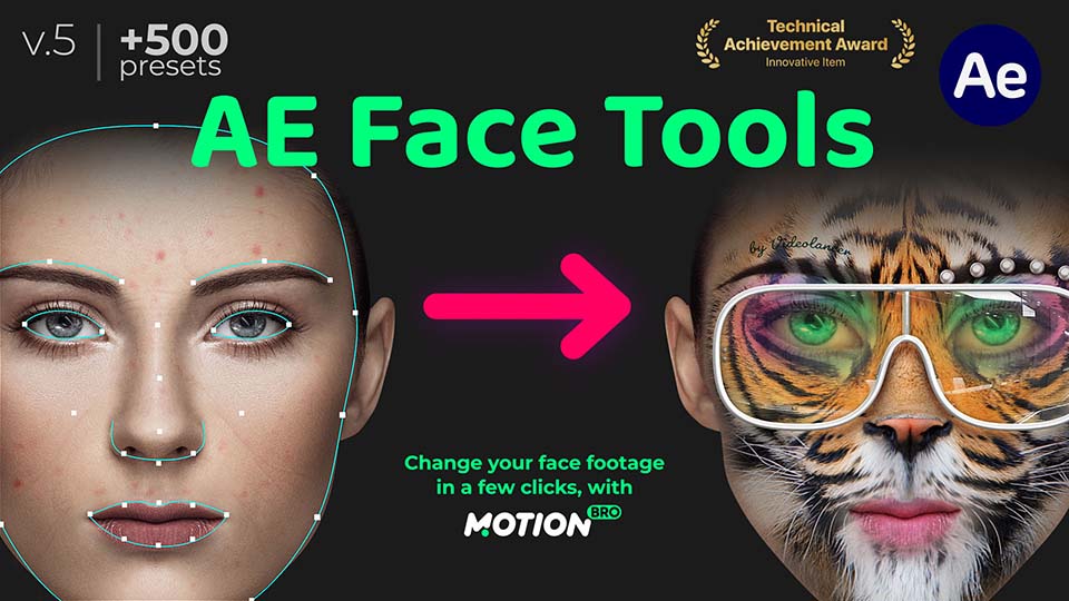 AE插件：人脸面部追踪贴图表情化妆美颜丑化换脸锁定变形特效预设工具 AE Face Tools V5.2版 插件预设 第1张