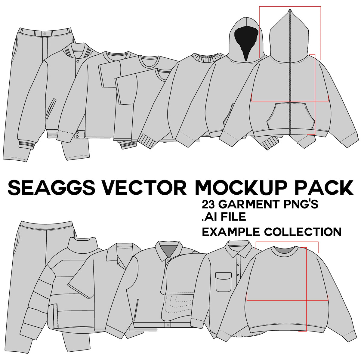 Seaggs 23个短袖连帽T恤长裤外套衬衫棒球帽矢量印花打版AI矢量模型+PNG免扣素材包 Style Mockup Pack 样机素材 第1张