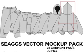 Seaggs 23个短袖连帽T恤长裤外套衬衫棒球帽矢量印花打版AI矢量模型+PNG免扣素材包 Style Mockup Pack
