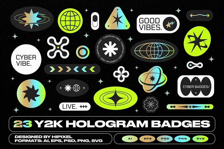 5套100多张Y2K全息包装设计、拼贴艺术、PNG矢量形状徽章贴纸 Y2K Hologram Badge Stickers V.2 , 第2张