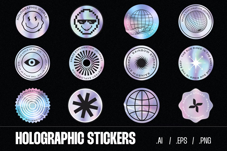 5套100多张Y2K全息包装设计、拼贴艺术、PNG矢量形状徽章贴纸 Y2K Hologram Badge Stickers V.2 , 第3张