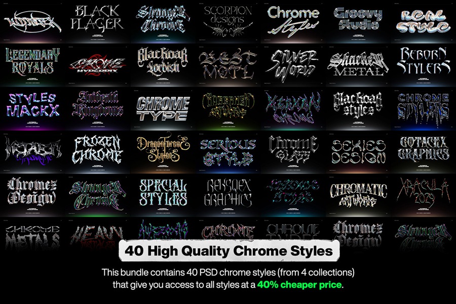 40款潮流金属3D镀铬标题Logo设计展示PS贴图样机模板套装 Chrome Text Styles Bundle , 第2张