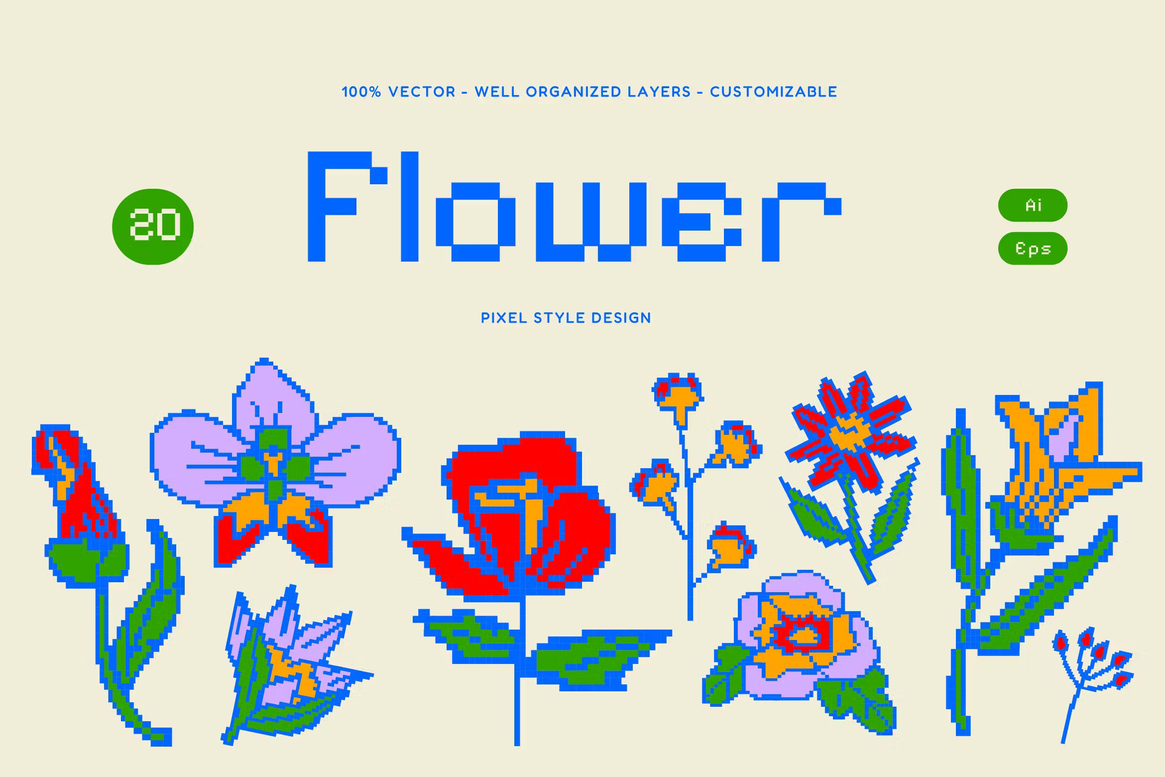 Cream Pixel Flower Illustration Set 奶油像素花卉AI插图集 , 第1张