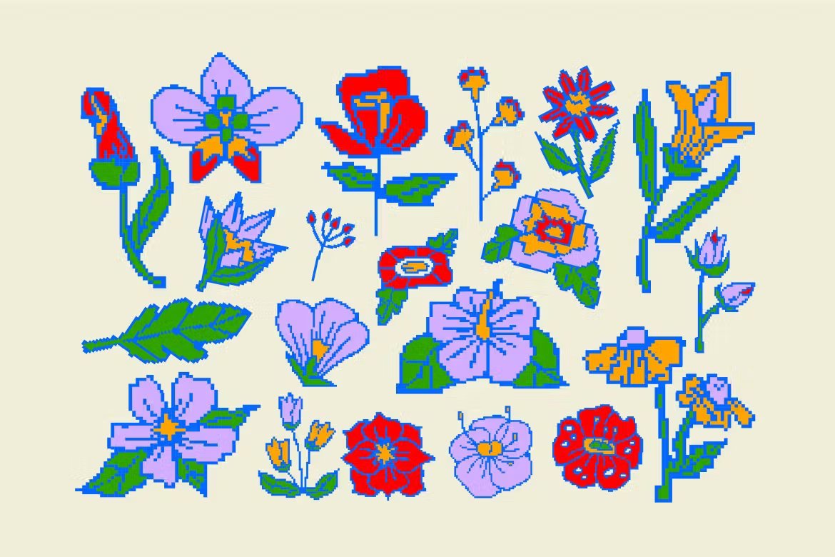 Cream Pixel Flower Illustration Set 奶油像素花卉AI插图集 , 第2张