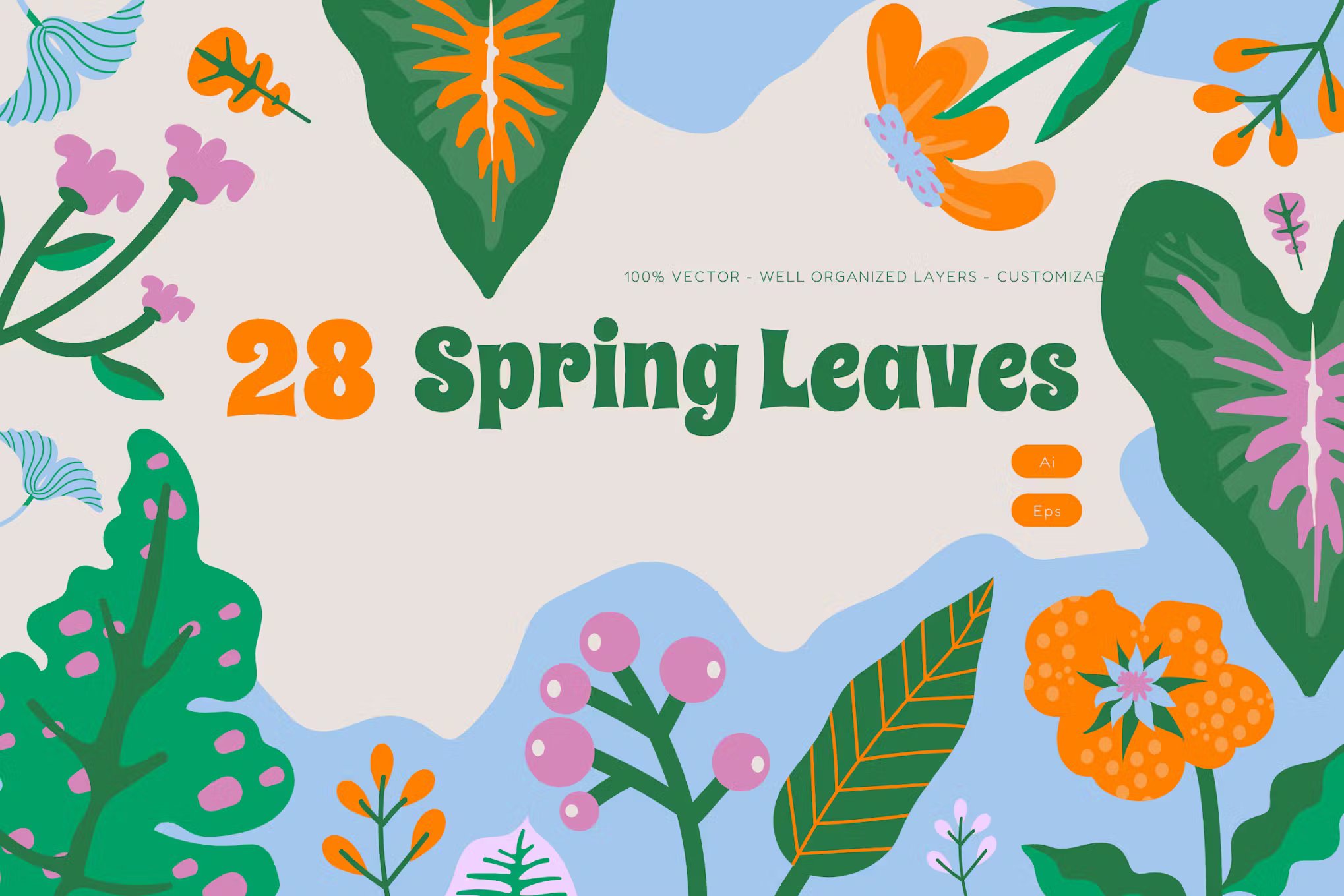 热带植物春天花卉包装平面设计AI矢量插图 White Flat Design Spring Leaves Asset Illustration , 第1张
