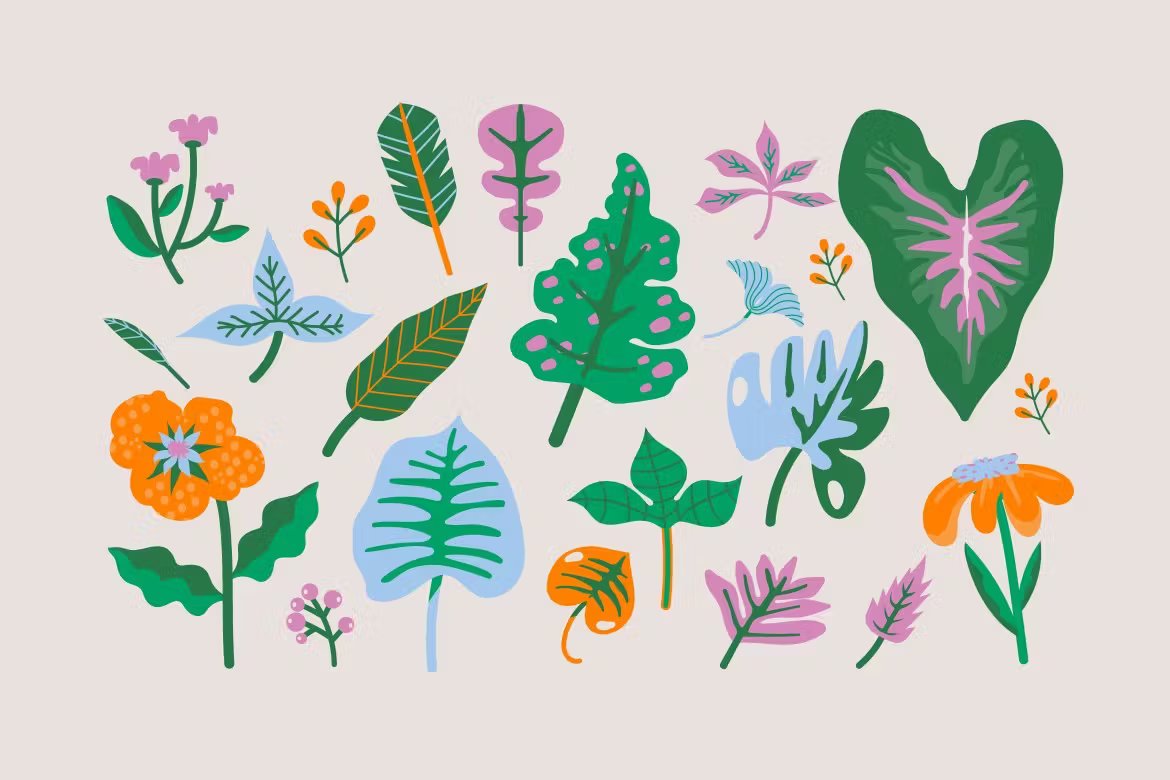 热带植物春天花卉包装平面设计AI矢量插图 White Flat Design Spring Leaves Asset Illustration , 第2张