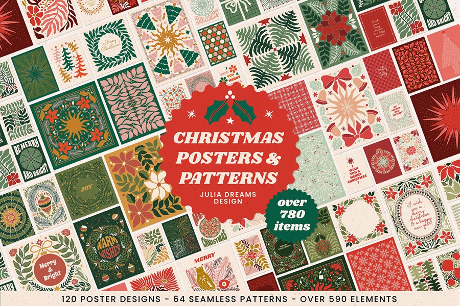 780+复古圣诞节海报元素矢量AI、PNG 自然图形花卉无缝图案插画设计图形 Christmas Posters Patterns Bundle 图片素材 第1张