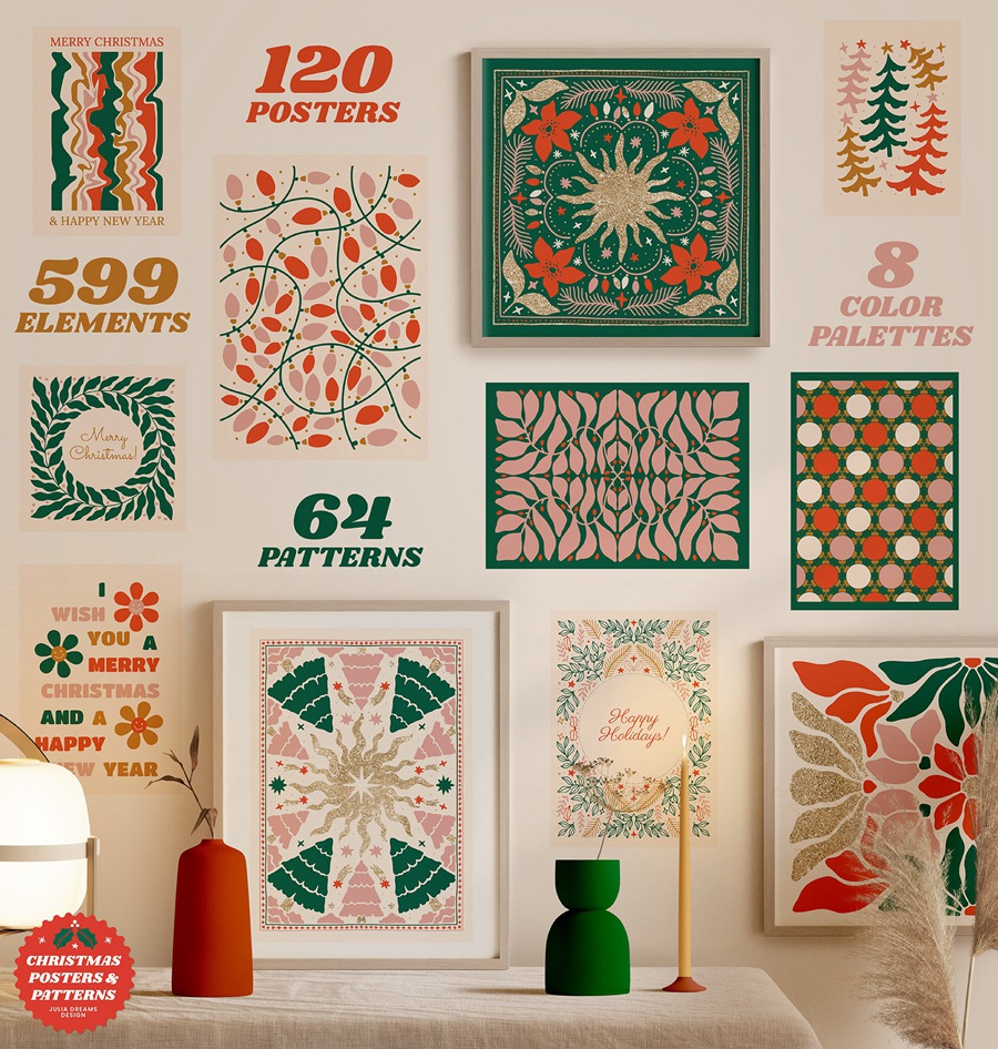780+复古圣诞节海报元素矢量AI、PNG 自然图形花卉无缝图案插画设计图形 Christmas Posters Patterns Bundle 图片素材 第2张