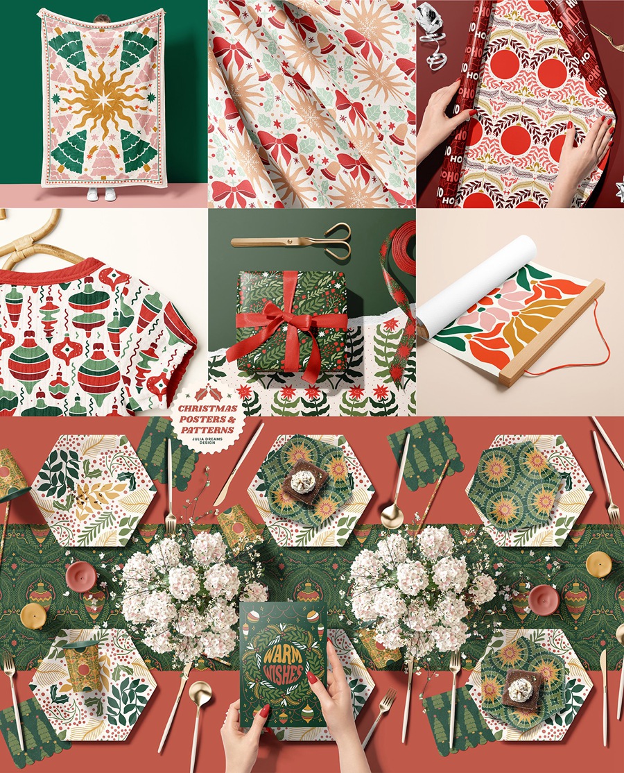 780+复古圣诞节海报元素矢量AI、PNG 自然图形花卉无缝图案插画设计图形 Christmas Posters Patterns Bundle 图片素材 第3张