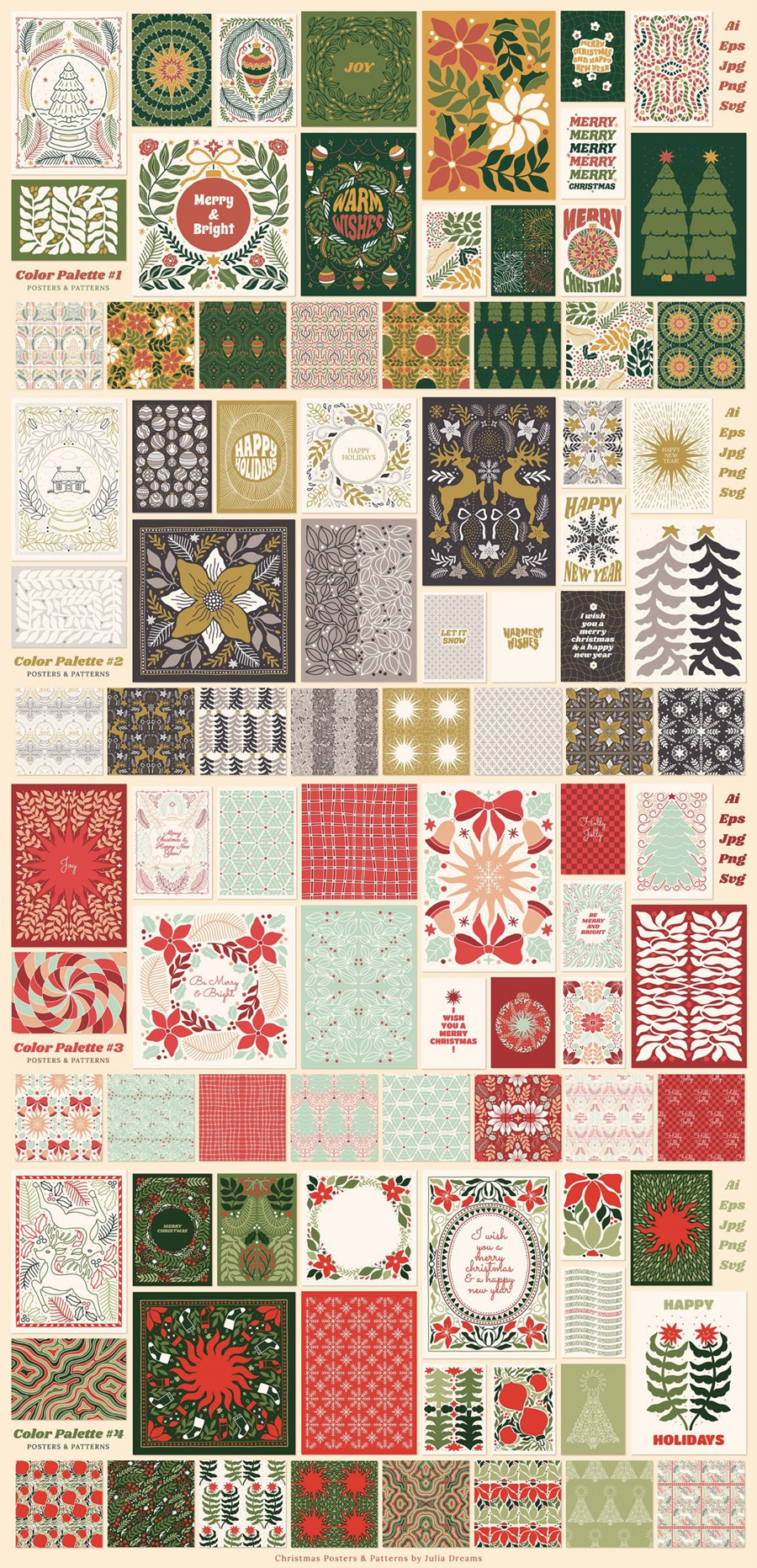 780+复古圣诞节海报元素矢量AI、PNG 自然图形花卉无缝图案插画设计图形 Christmas Posters Patterns Bundle 图片素材 第4张