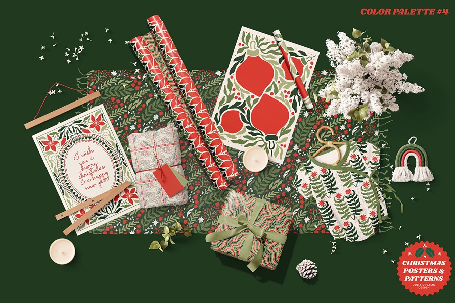 780+复古圣诞节海报元素矢量AI、PNG 自然图形花卉无缝图案插画设计图形 Christmas Posters Patterns Bundle 图片素材 第7张