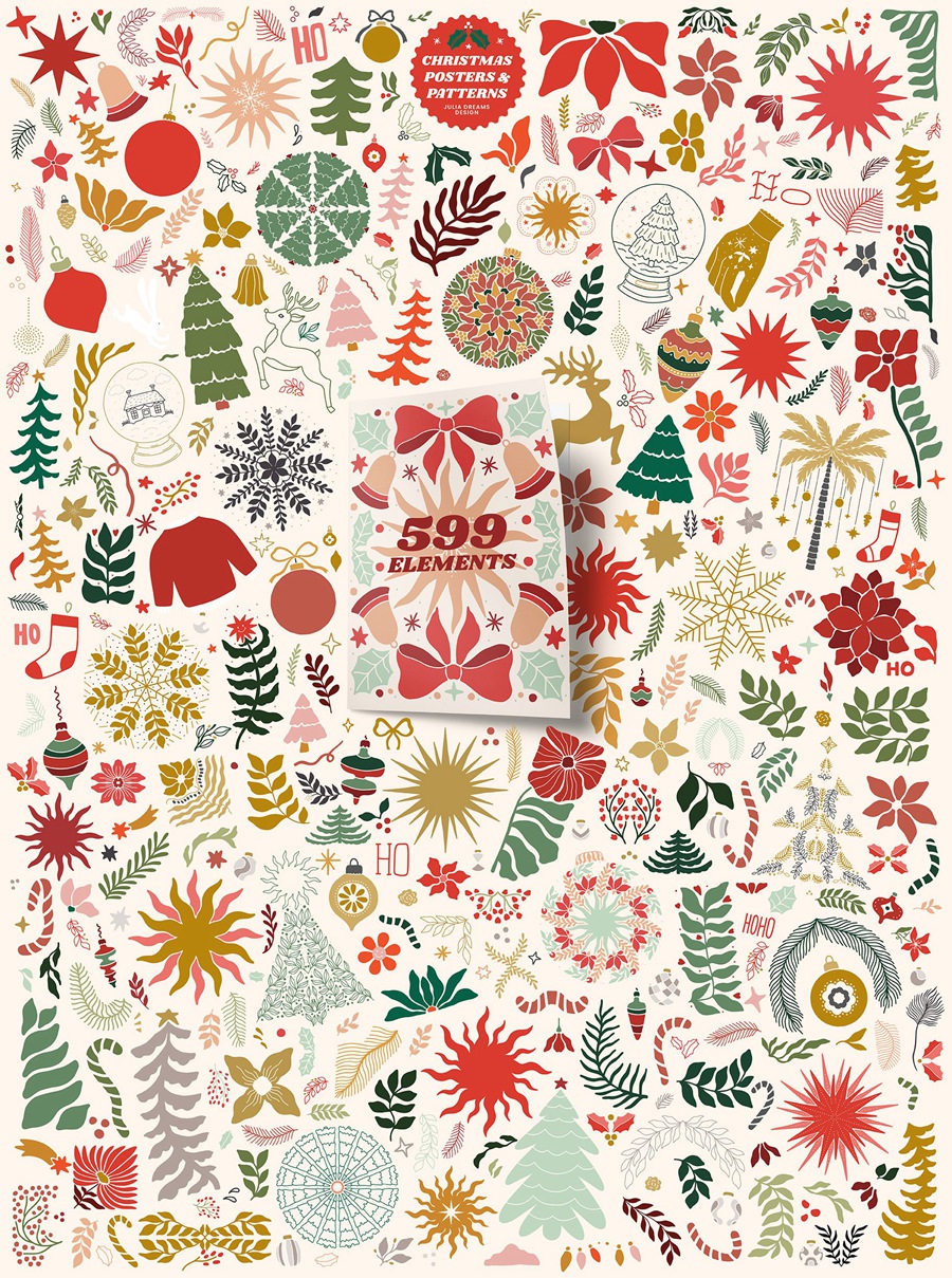 780+复古圣诞节海报元素矢量AI、PNG 自然图形花卉无缝图案插画设计图形 Christmas Posters Patterns Bundle 图片素材 第8张