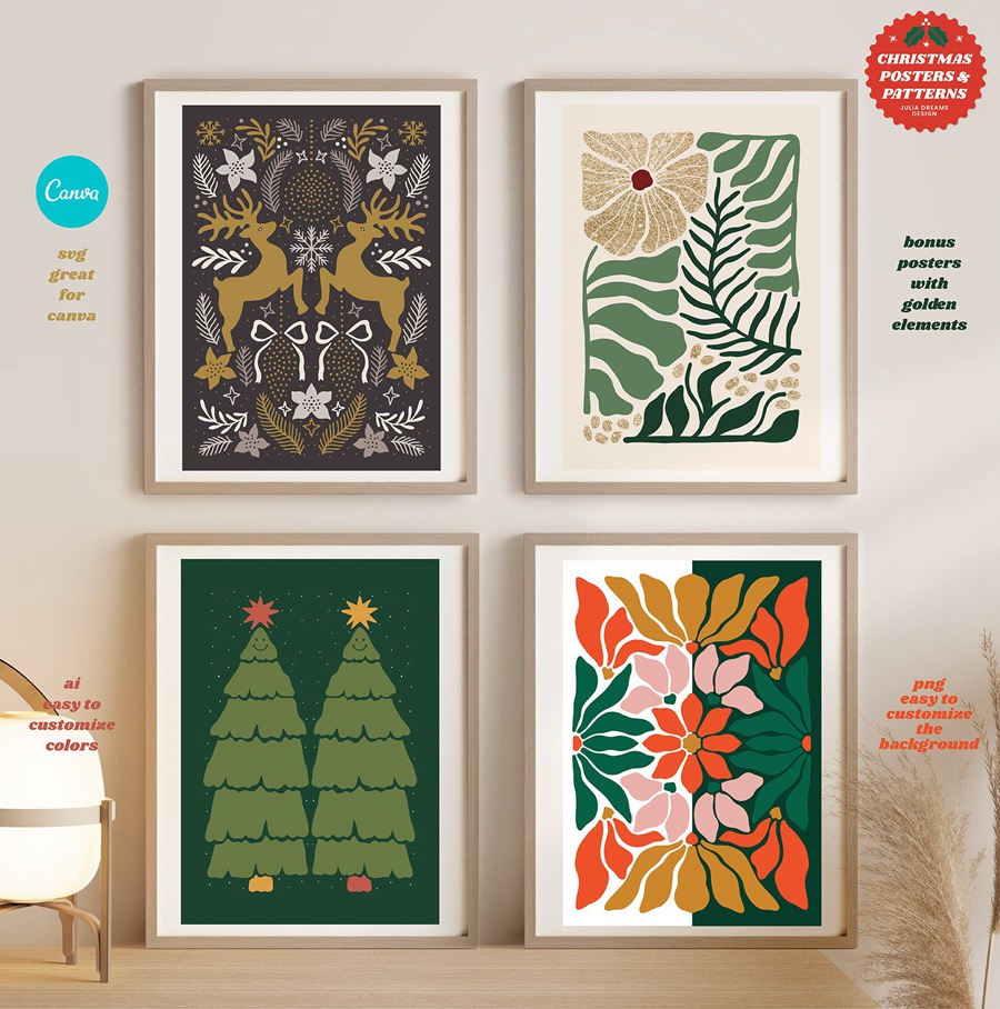 780+复古圣诞节海报元素矢量AI、PNG 自然图形花卉无缝图案插画设计图形 Christmas Posters Patterns Bundle 图片素材 第9张