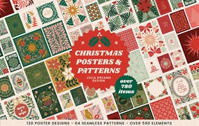 780+复古圣诞节海报元素矢量AI、PNG 自然图形花卉无缝图案插画设计图形 Christmas Posters Patterns Bundle