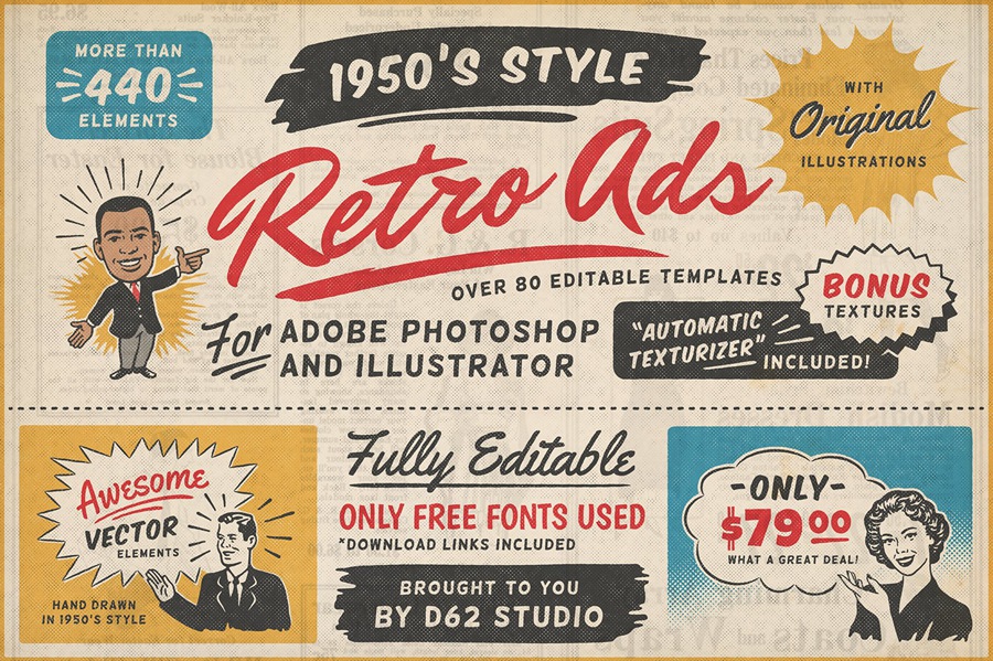 20世纪50年代复古风格广告PSD模板 1950s Retro Style Ad Templates 102个复古广告模板超过450个插画AI矢量图形、PNG设计元素 图片素材 第1张