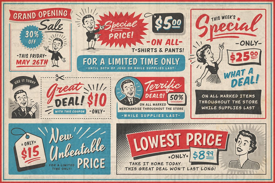 20世纪50年代复古风格广告PSD模板 1950s Retro Style Ad Templates 102个复古广告模板超过450个插画AI矢量图形、PNG设计元素 图片素材 第2张
